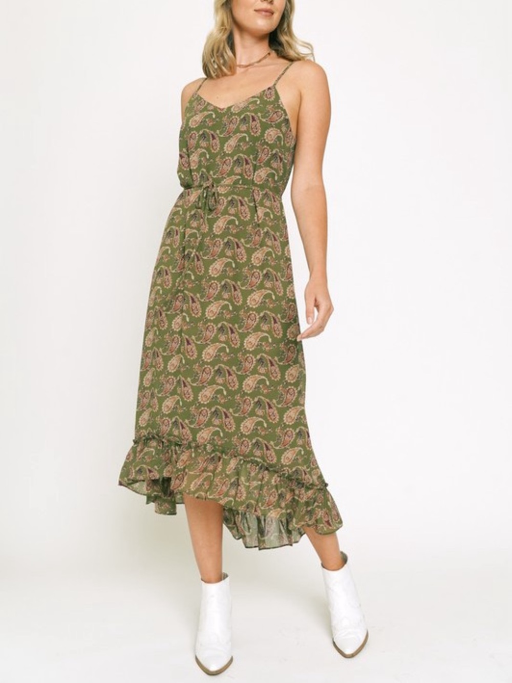 🍂SPECIAL🍂PAISLEY PRINT RUFFLE HEM SLIP DRESS|OLIVE